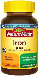 Nature Made Iron 65 mg 365 Tabletler (325 mg Ferrous Sulfate), Red Blood Cell Support, 365 Tabletler, 365 Day Supply- Sched with nalkotSupliments Guide