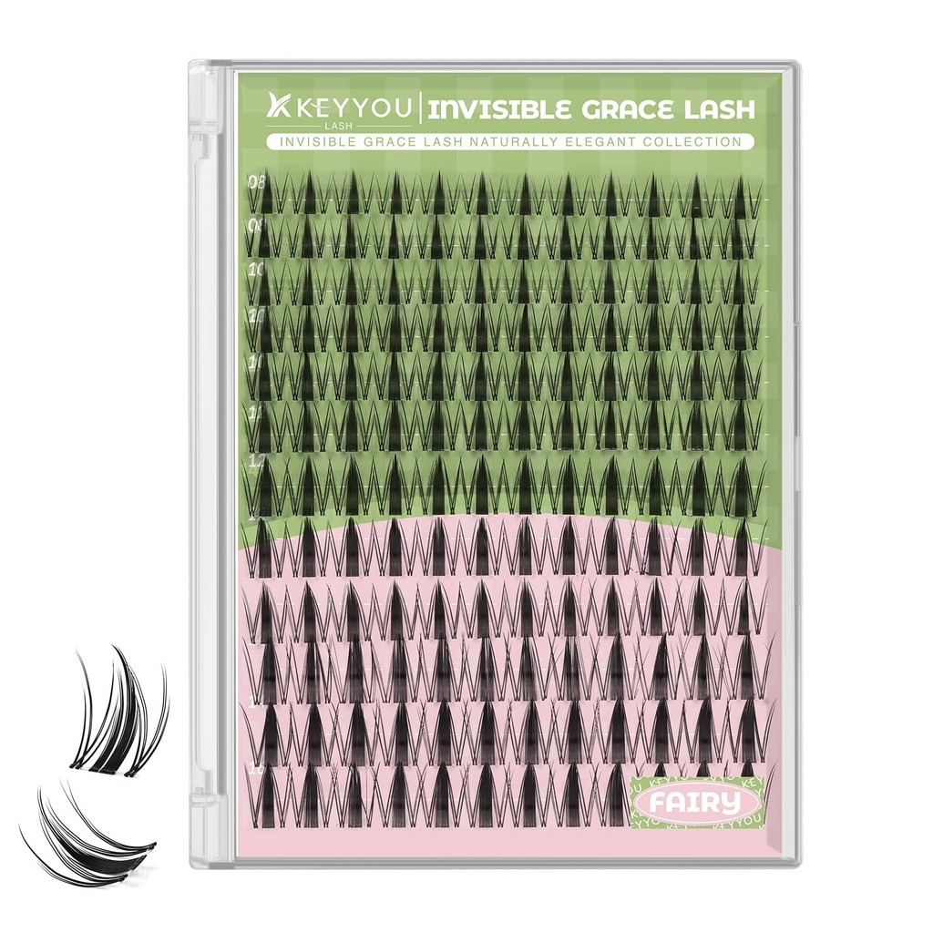 KEYYOU Fairy Lash Clusters 144Pcs D Curl Manga Lash Extension Eyelash Extension Wispy Natural Invisible Band Lash with Waterproof DIY Lash Extension at Home(Fairy-D-8-18MIX)