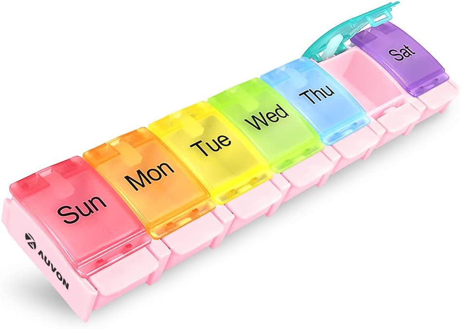 AUVON Haftalık Pill Organizer Arthritis Friendly, BPA Free Travel 7 Day Pill Box Case with Spring Open Design and Large Karşılaştırmatment to Holds, Cod Liver Oil, Supplements and Drugs