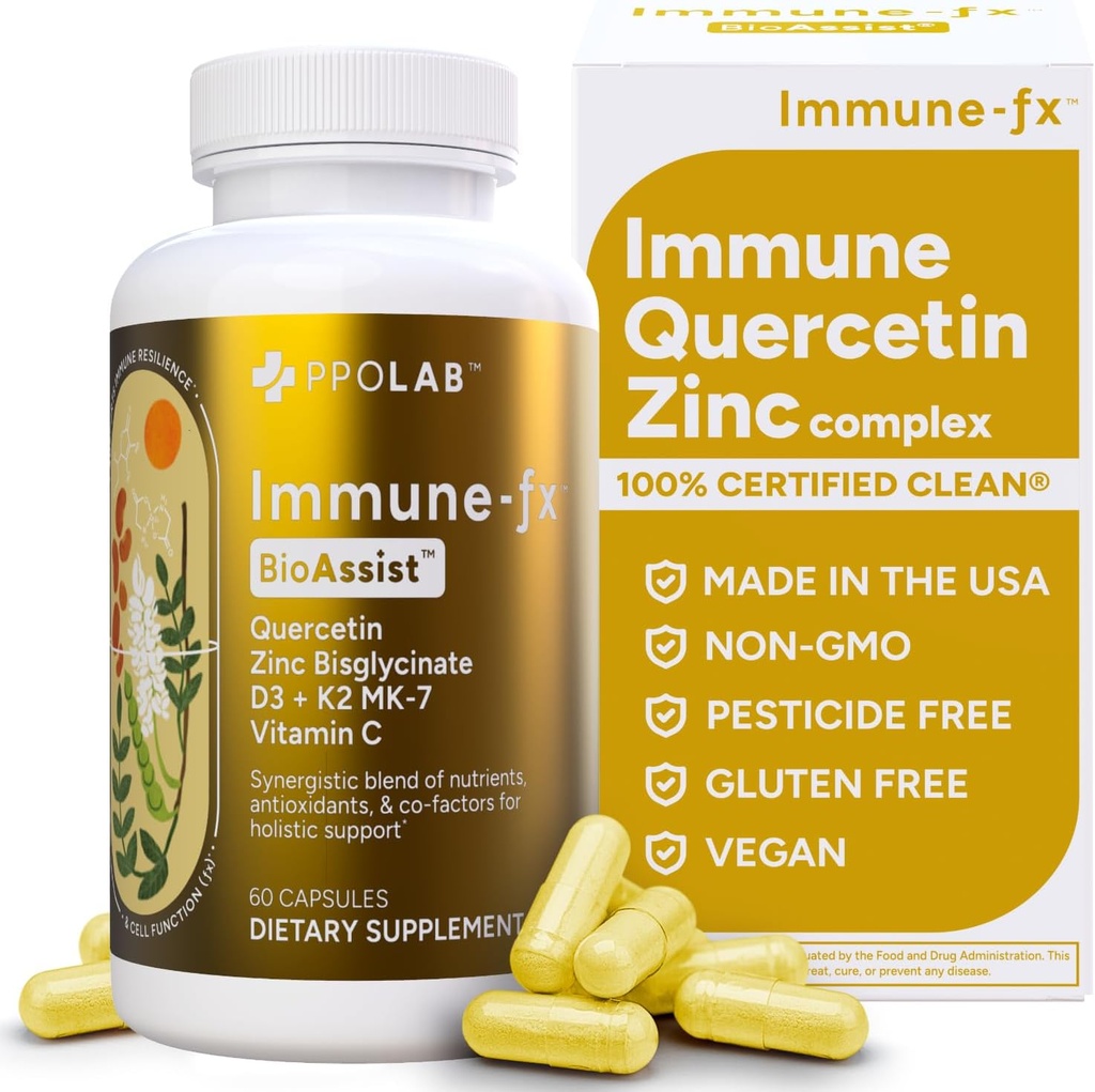 Immune-fxTM Advanced Chelated Zinc Ionophore Ionophore Immune Support & Allergy Health Supplement, Quercetin 500mg, Αντιοξειδωτική Βιταμίνη C, D3, K2 MK7, Προάγει το DNA, την καρδιά, τον πνεύμονα, την υγεία του ινώδους, 60 κάψουλες Vegan