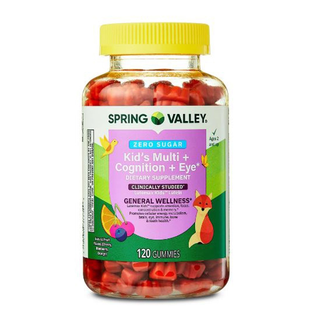 Spring Valley Zero Sugar Kid's Multi + Cognition + Eye Gummy, Natural Fruit Flavors, 120 Count