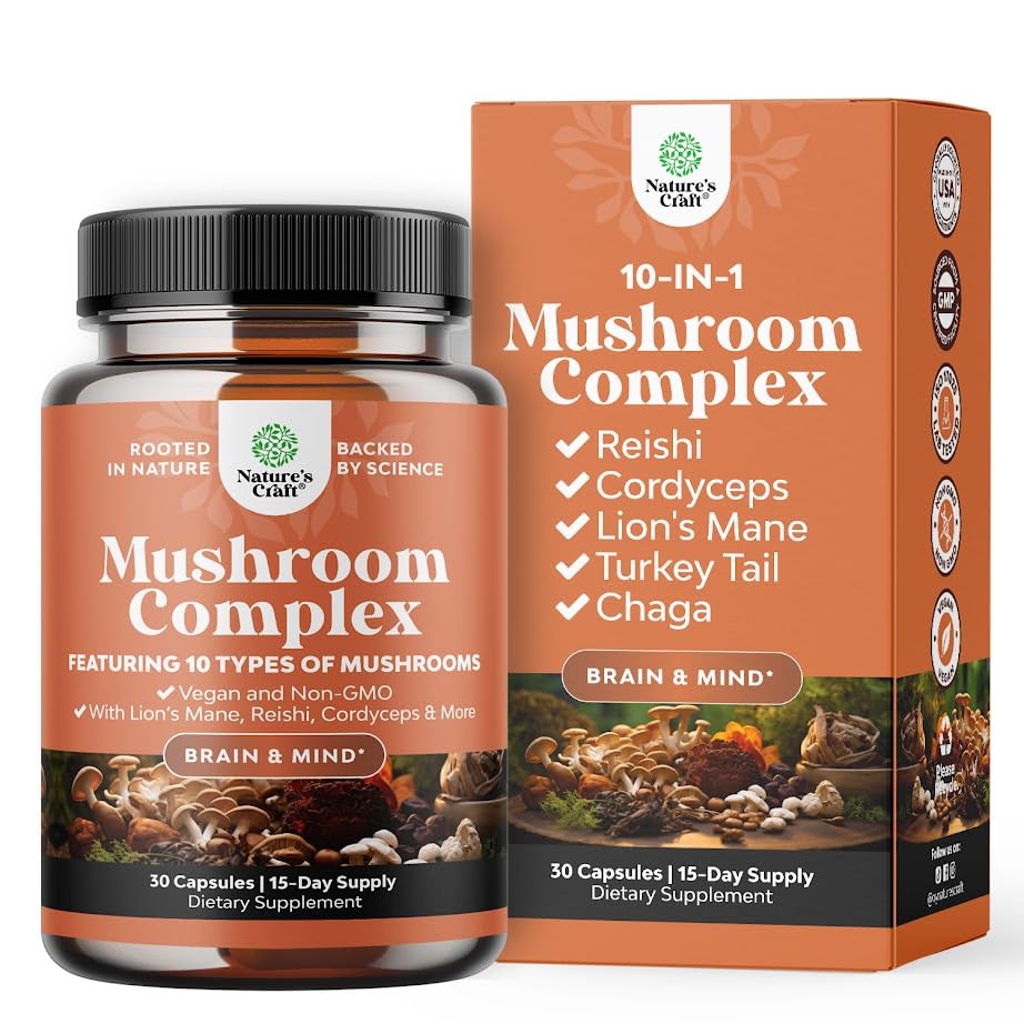 Προηγμένη Mushroom Complex κάψουλες - 10X Lions Mane Συμπληρώματα κάψουλες με Reishi, Chaga, Maitake & Shiitake για την υποστήριξη και εστίαση μνήμης εγκεφαλικής υγείας - Nootropic for Mental Clarity - 30 Caps