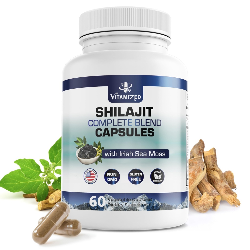 Erkekler ve Kadınlar için Saf Himalaya Shilajit - 10.000 mg Shilajit Ashwagandha Supplements + İrlandalı Deniz Moss, Tongkat Ali, PQ & More - 60 Capsules