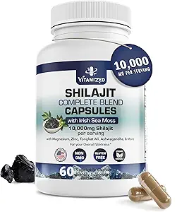 Erkekler ve Kadınlar için Saf Himalaya Shilajit - 10.000 mg Shilajit Ashwagandha Supplements + İrlandalı Deniz Moss, Tongkat Ali, PQ & More - 60 Capsules