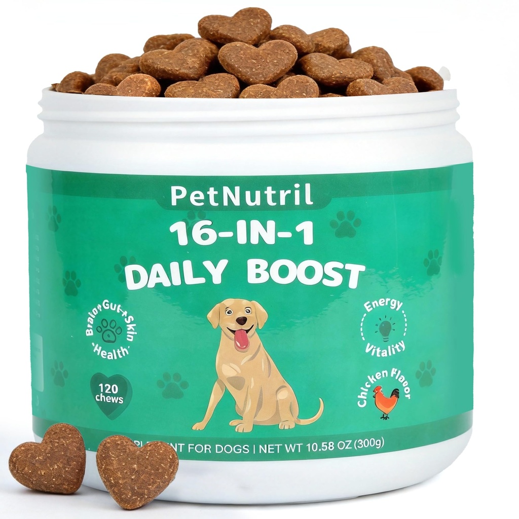 Dog Vitamins and Supplements, 16 in 1 Multivitamins Essential Dog Vitamin Minerals Chewable with Omega-3 Fish Oil Glucosamine Probiotics for Pet Hip Joint Coat Skin Digestion Health, 120 Chews