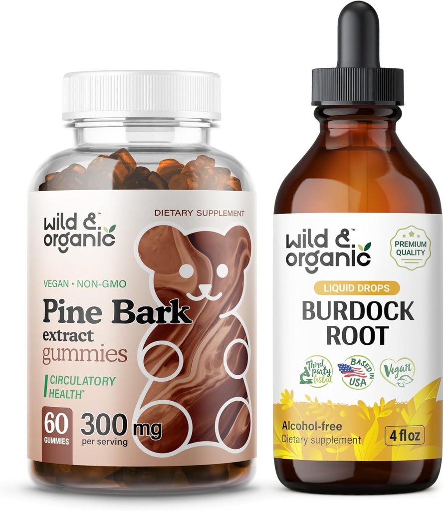 Άγρια & οργανικά εκχύλισμα φλοιών πεύκων Gummies & Burdock Ρίζα Βάμμα 4 fl oz