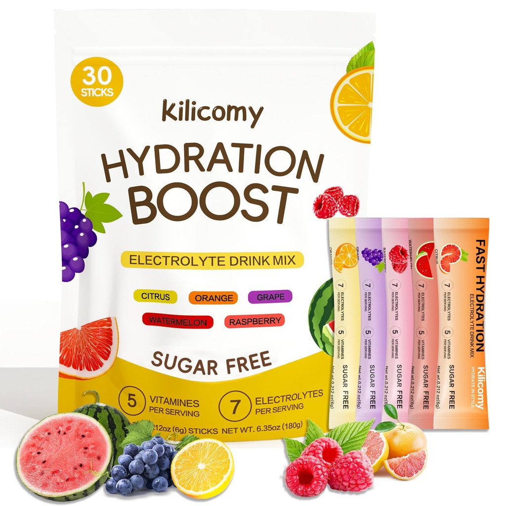 Electrolyte Powder Sticks (30 Count) - Sugar Free Hydration with 5 Vitamins & 7 Electrolytes, 5 Fruit Flavors, Fast Absorption for Workout & Daily Hydration, Keto Friendly