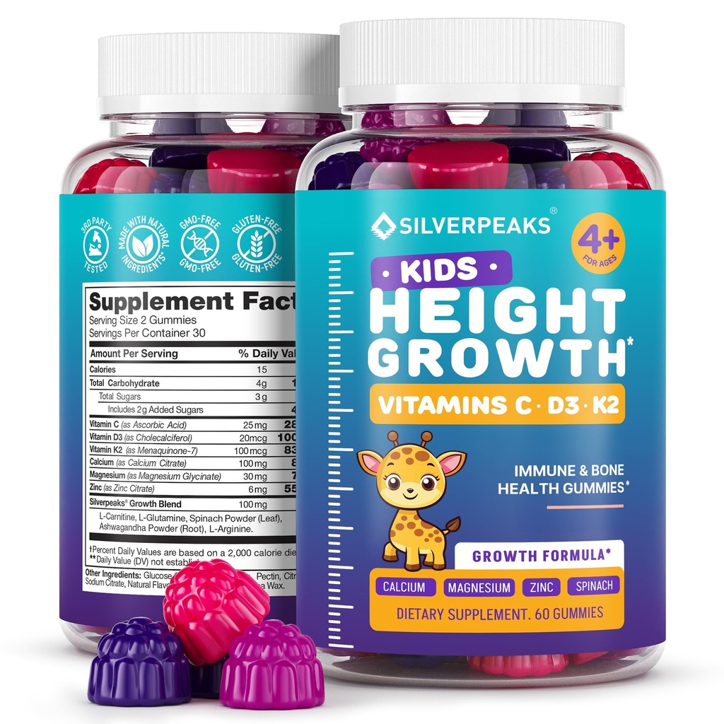 Ύψος Growth Gummies for Kids - Growth Vitamins for Teens, Ύψος Αύξηση Multivitamin for Boys & Girls with Calcium Vitamin D C K2 Magnesium Zinc, Natural Height Growth Maximizer Supplement, 60 PCS