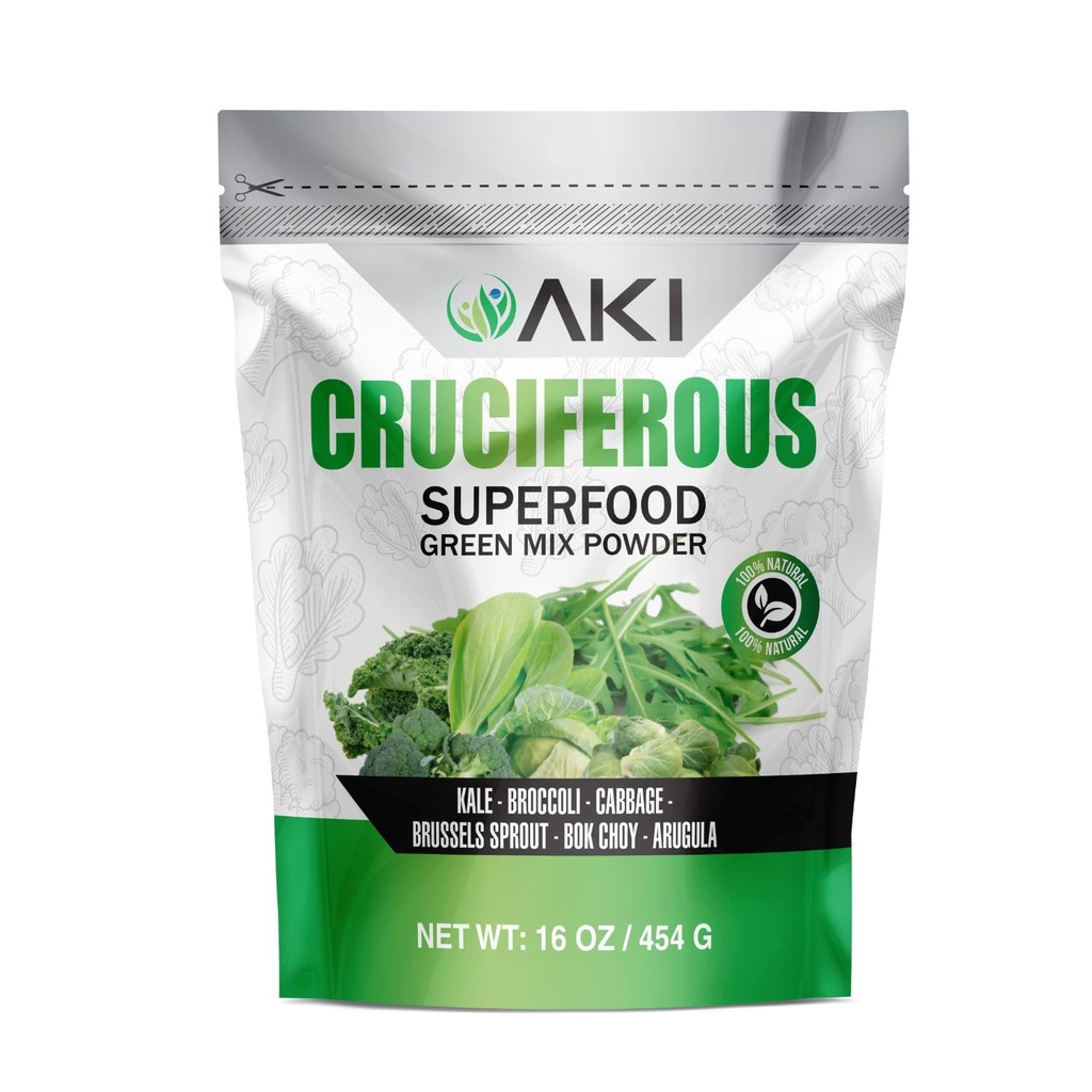 AKI Cruciferous Superfood Green Mix Powder - Made from Kale, Broccoli, Brussels Sprouts, Cabbage - Packed with Essential Phytonutrients & Vitamins ((16oz/454g))