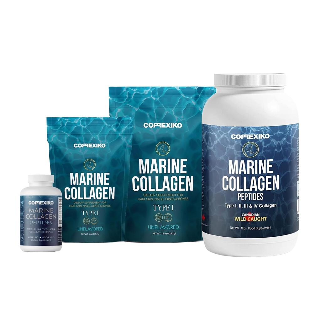KORREXIKO Marine Collagen Supplement Pills & Toz Sche - 10.000 mg Double Hydrolyzed Collagen Toz 1kg, 15 oz & 5oz ve 1800 mg Collagen Capsule 120 Capsules - Saç için, Skin & Nails