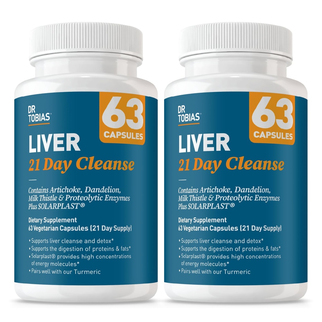 Dr. Tobias Liver 21 Day Cleanse, Herbal Liver Detox Cleanse with Solarplast, Artichoke Extract, Milk Thistle, Dandelion Extract & Digestive Enzymes, 63 Καψάκια λαχανικών, 3 Καθημερινή, Συσκευασία των 2