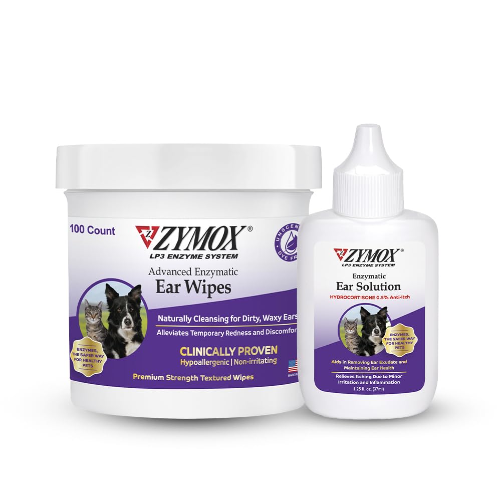 Zymox Enzymatic Ear Wipes and Ear Solution for Dogs and Cats - Product Bundle - for Dirty, Waxy, Smelly Ears and to Soothe Ear Infections