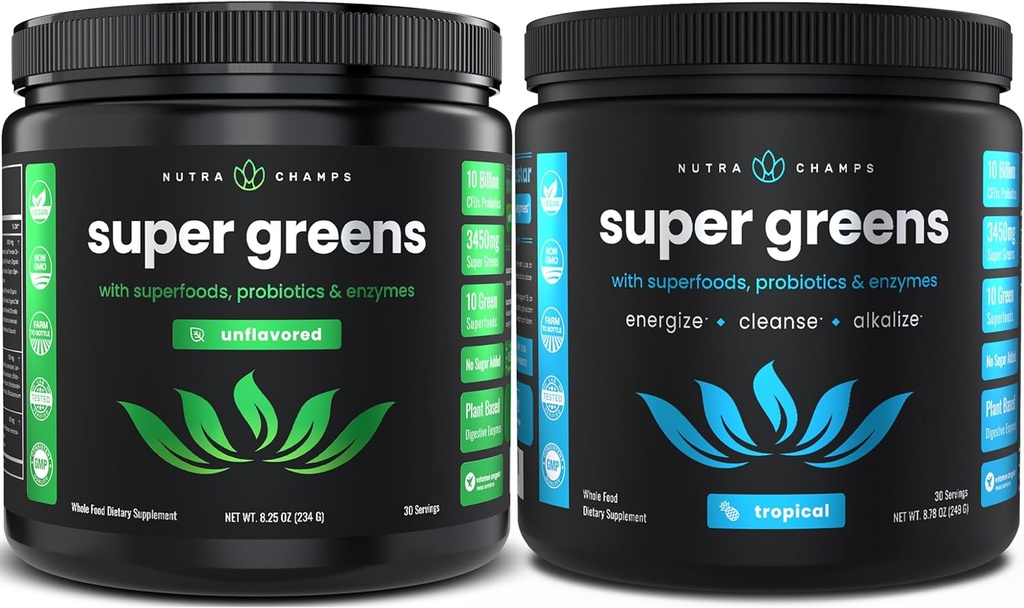 NutraChamps Super Greens Unflavored & Super Greens Tropical Sche - 2 Ay Supply