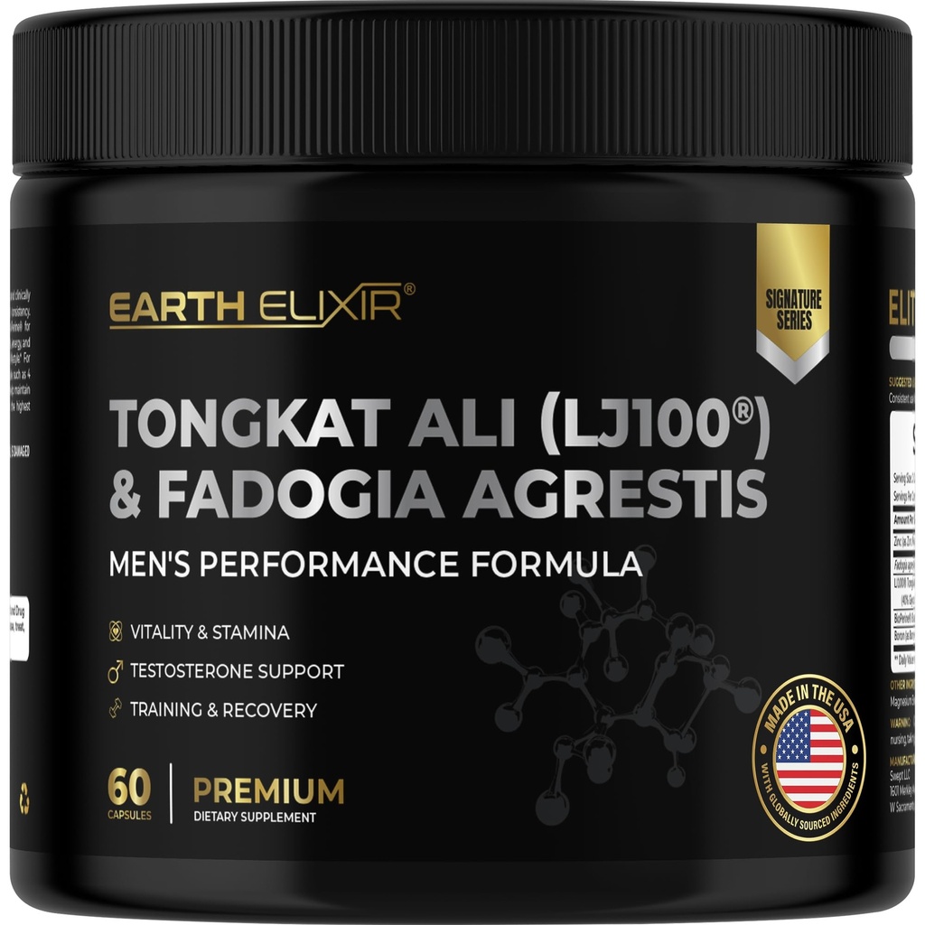 Earth Elixir LJ100 Tongkat Ali & Fadogia Agrestis for Men – Natural Testosterone Supplement - Made in USA & 3rd Party Tested for Strength, Energy & Vitality - Clinically Studied Tongkat Ali LJ100