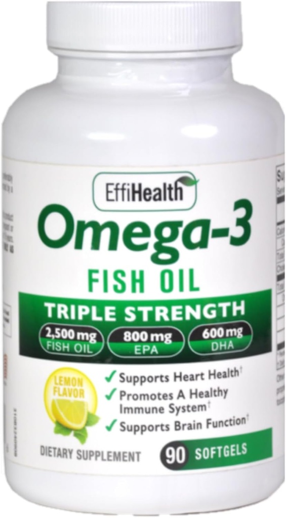 EffiHealth Omega-3 Fish Oil - Triple Strength 2500 mg Fish Oil, 1200 mg EPA, 600 mg DHA - Kalp Sağlığı, Beyin sağlığı ve Immune Desteği - Lemon Flavor, Burpless Fish Oil