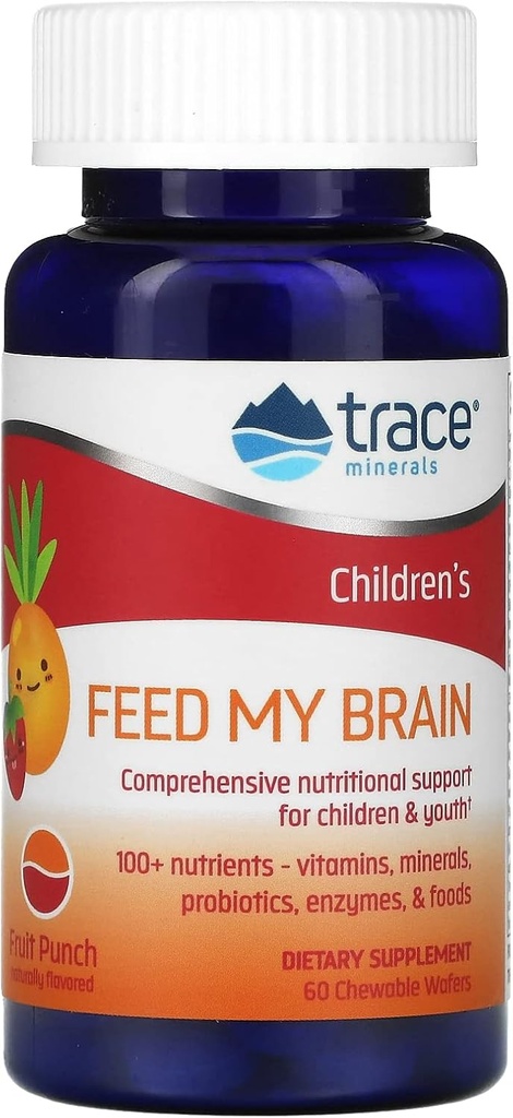 Trace Minerals Children's Feed My Brain - Brain Support Supplement for Kids - Multivitamin for Focus Support with Enzymes, Vitamins & Minerals - Meyve Züvor, 60 Chewable Wafers (30 Hizmet)