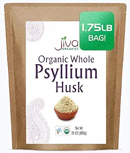 Jiva Organics Ολόκληρο το Psyllium Husk (Isabbol) 1.75 LB (28 Oz) Τσάντα Jumbo - Μη ΓΤΟ, Αγεύση - Κετό Φιλικές, Διαλυτές Ίνες