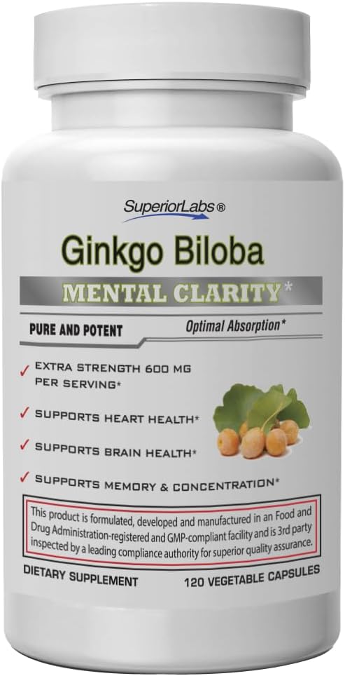 SuperiorLabs Ginkgo Biloba 1200 mg, Non-GMO, Μαύρο Πιπέρι για Αυξημένη Απορρόφηση, εκχύλισμα Ginkgo, Βελτιώνει τη μνήμη & Εστίαση, Ενισχυτής Κυκλοφορίας, Φυσικό Αντιοξειδωτικό Nootropic, 120 Veg Caps