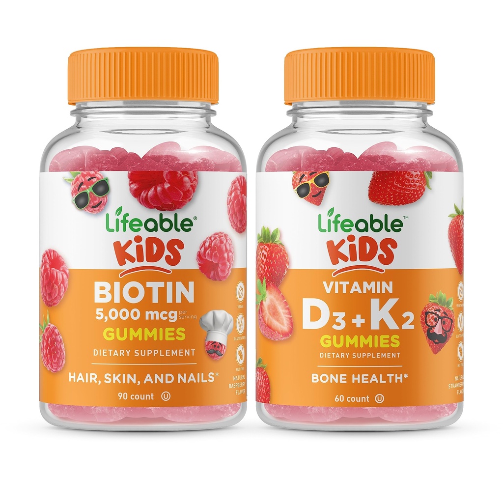 Lifeable Biotin Kids + Vitamin D3 + Vitamin K2 Çocuklar, Gummies Sche - Great Tasting, Vitamin Supplement, Gluten Free, GMO Free, Chewable Gummy