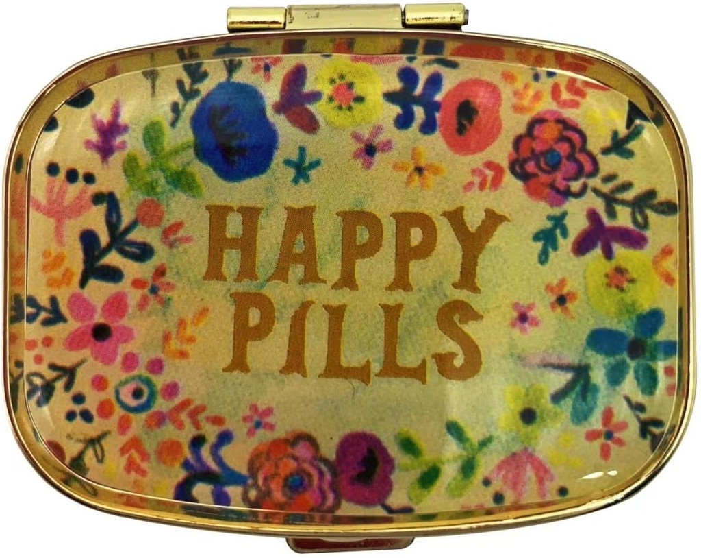 Happy Pills Pill Organizer Χαριτωμένο Μεταλλικό Χάπια Υπόθεση Travel Friendly Portable Compact Pill Box Pill Pill Container to Hold Tylenol/Vitamins/Fish Oil/Supplements/Meds/Tablet for Purse/Pocket