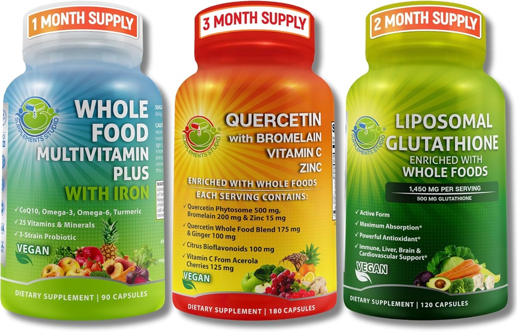 Immune & Whole Body Wellness Sche – Quercetin with Bromelain + All Food Multivitamin with Iron + Liposomal Glutathione 500 mg - Antioksi, Respiratory & Immune Support – Vegan, Non-GMO