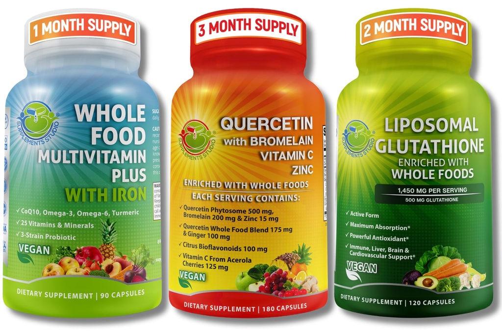 Immune & Whole Body Wellness Sche – Quercetin with Bromelain + All Food Multivitamin with Iron + Liposomal Glutathione 500 mg - Antioksi, Respiratory & Immune Support – Vegan, Non-GMO