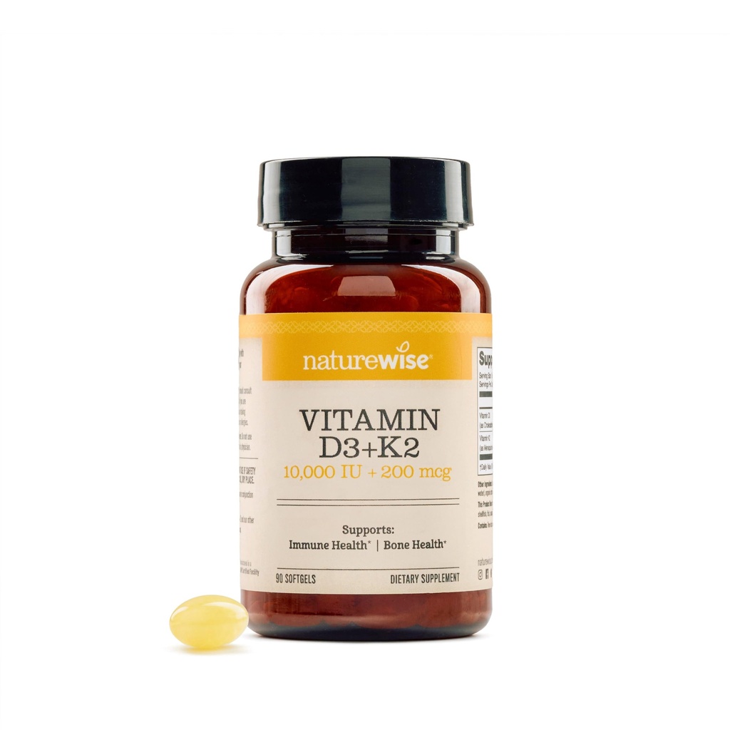NatureWise Vitamin D3 10,000 IU Plus K2 (MK-7) 200 mcg with Organic Extra Virgin Coconut Oil - Supports Calcium Absorption, Bone, Heart & Immune Health - Non-GMO, Soy & Gluten-Free - 90 Softgels
