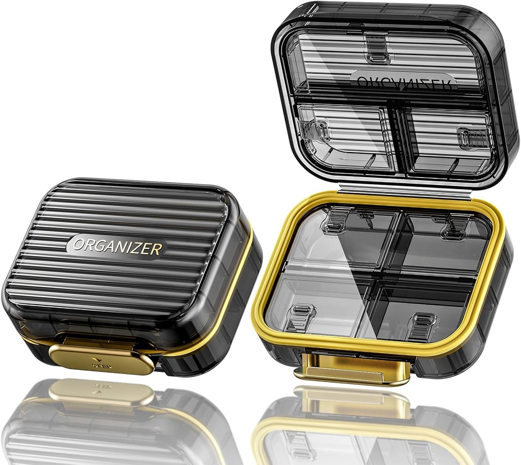 Seyahat Pill Case, Small Pill Box for Purse, Acedada Portreatif Günlük Pill Konteyner, Compact Moistureproof 7 Karşılaştırmalı Pill Organizer, Vitaminler Balık Yağları için Şık Tıp Kazananları, Black Pill Box, Black Pill Container, Black Fish Oils, Black