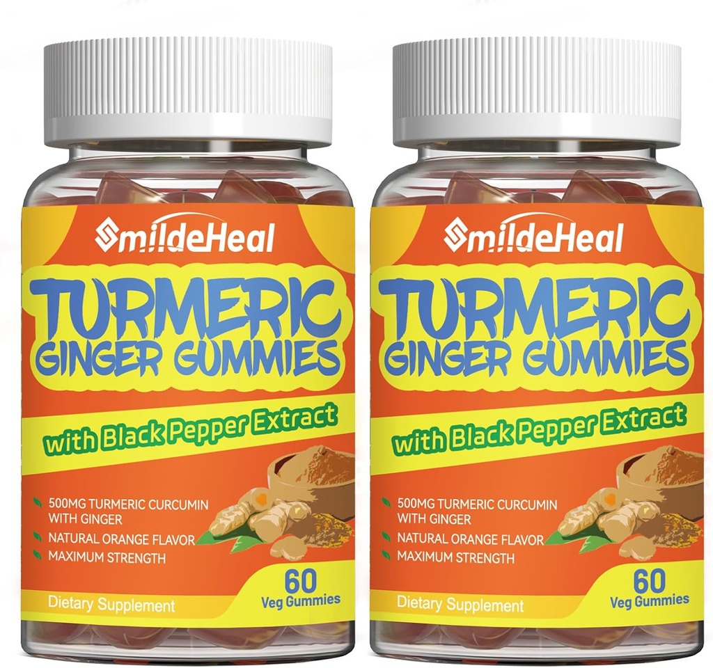 Turmeric Curcumin Gummies 500 mg, Turmeric Root Extract, Ginger Root, Black Pepper Extract, Antioksi Support, Orange Flavor Gummies, 60 (Pack of 2)