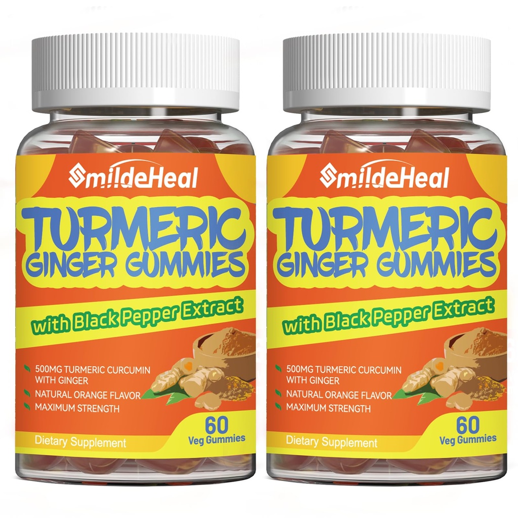 Turmeric Curcumin Gummies 500 mg, Turmeric Root Extract, Ginger Root, Black Pepper Extract, Antioksi Support, Orange Flavor Gummies, 60 (Pack of 2)