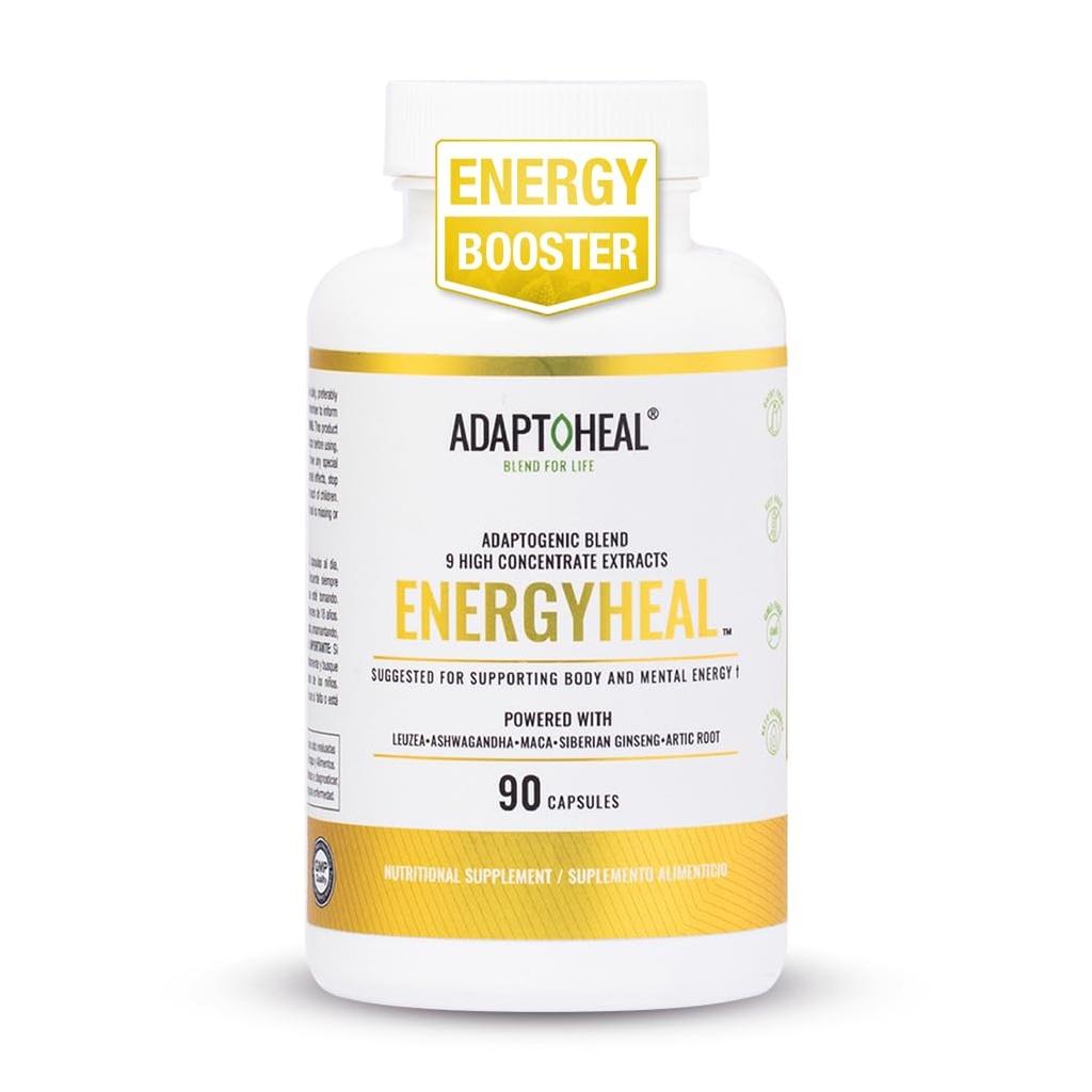 ADAPTOHEAL Energyheal Caffeine Free Energy Supplement – Adaptogenic Blend with Ashwagandha, Rhodiola & Ginseng – Natural Energy & Focus Support – 90 Capsules