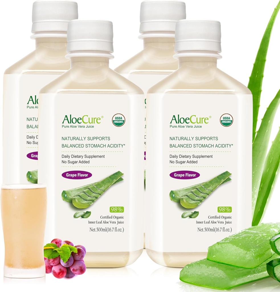 AloeCure USDA Organik Aloe Vera Juice Grape Flavor, 12 Hours of Harvest - Pure Aloe Vera Digestive & Immune Health Supplement, Helps maintain Balanced Stomach Acid, 16.7oz x 4 Btls