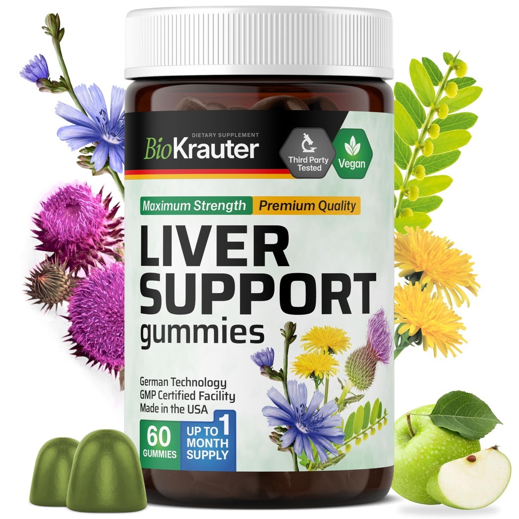 BIO KRAUTER Liver Supplement Gummies - 60 Vegan Chews w/Milk Butle, Dandelion Root for Liver Cleanse & Detox -% 80 Silymarin