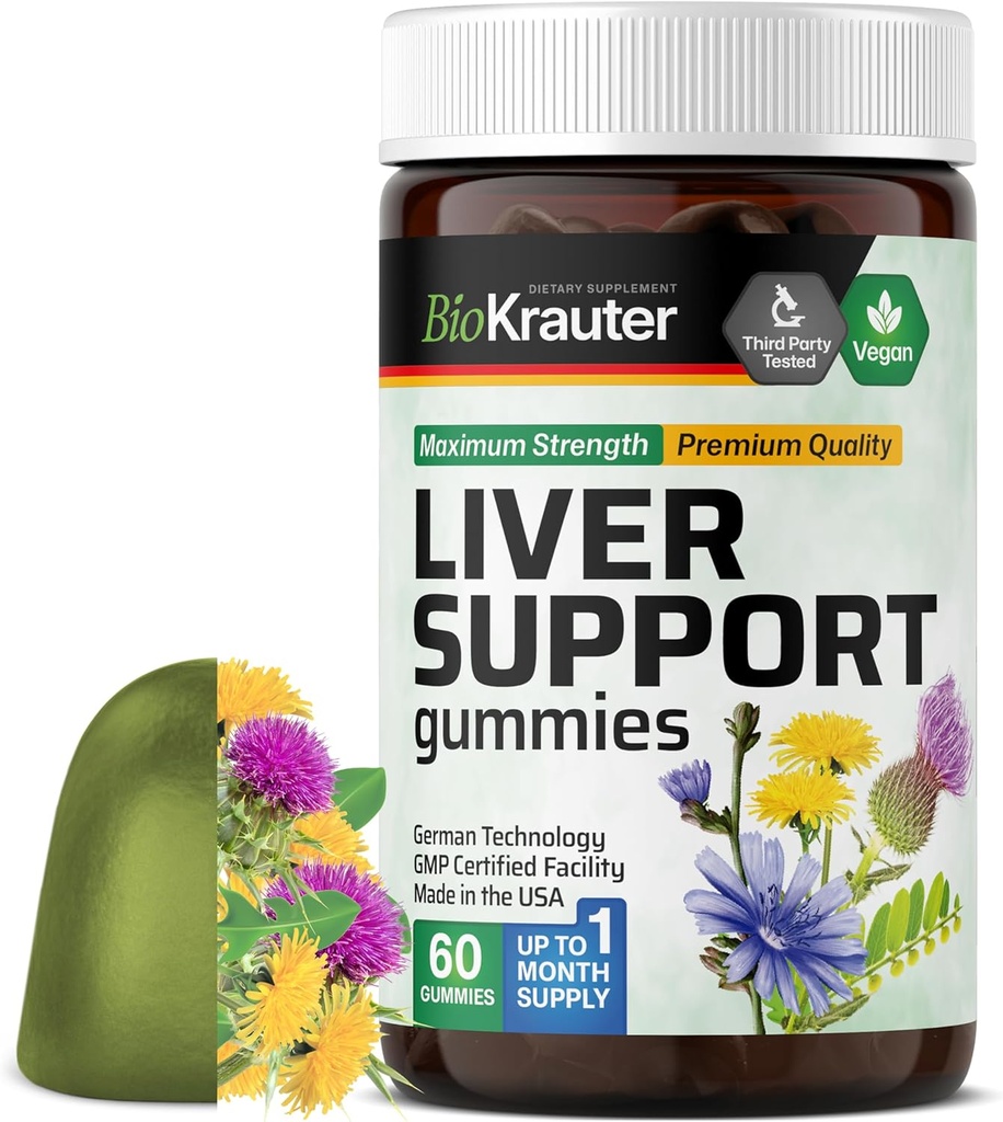 BIO KRAUTER Liver Supplement Gummies - 60 Vegan Chews w/Milk Butle, Dandelion Root for Liver Cleanse & Detox -% 80 Silymarin