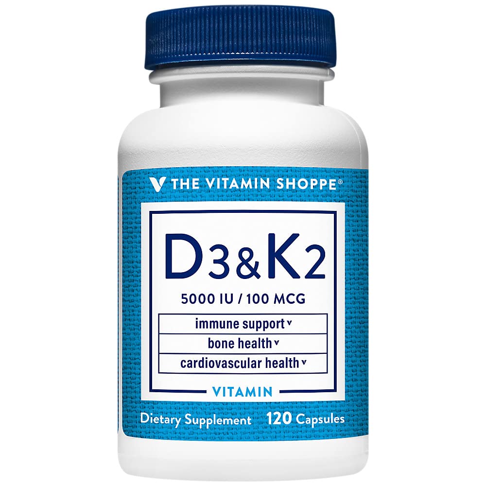 The Vitamin Shoppe Vitamin D3 K2 5000 IU - Bone Density & Heart Health | D3 + K2 MK-7 | 120 Capsules | Synergistic Formula