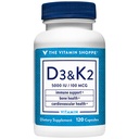 The Vitamin Shoppe Vitamin D3 K2 5000 IU - Bone Density & Heart Health | D3 + K2 MK-7 | 120 Capsules | Synergistic Formula