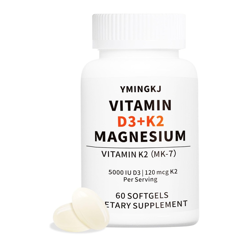 Vitamin D3 K2 5000 IU 60 Softgels with Magnesium Supplement - & 120mcg MK-7 K2 for Bone Health & Immune Support - Non-GMO & Gluten-Free Softgels with MCT Oil