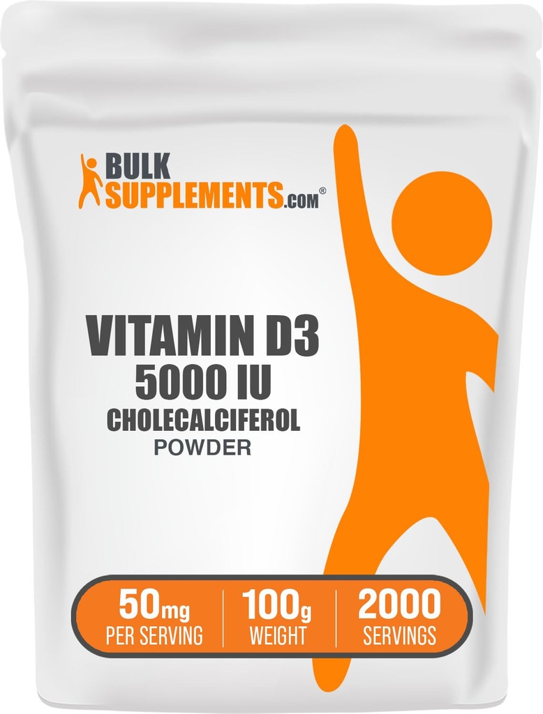 BulkSupplements.com Vitamin D3 Toz - Cholecalciferol, 5000 IU - Gluten Free, 50 mg (125/8 A Vitamin D3), 100g (3.5 oz) (Pack of 1)