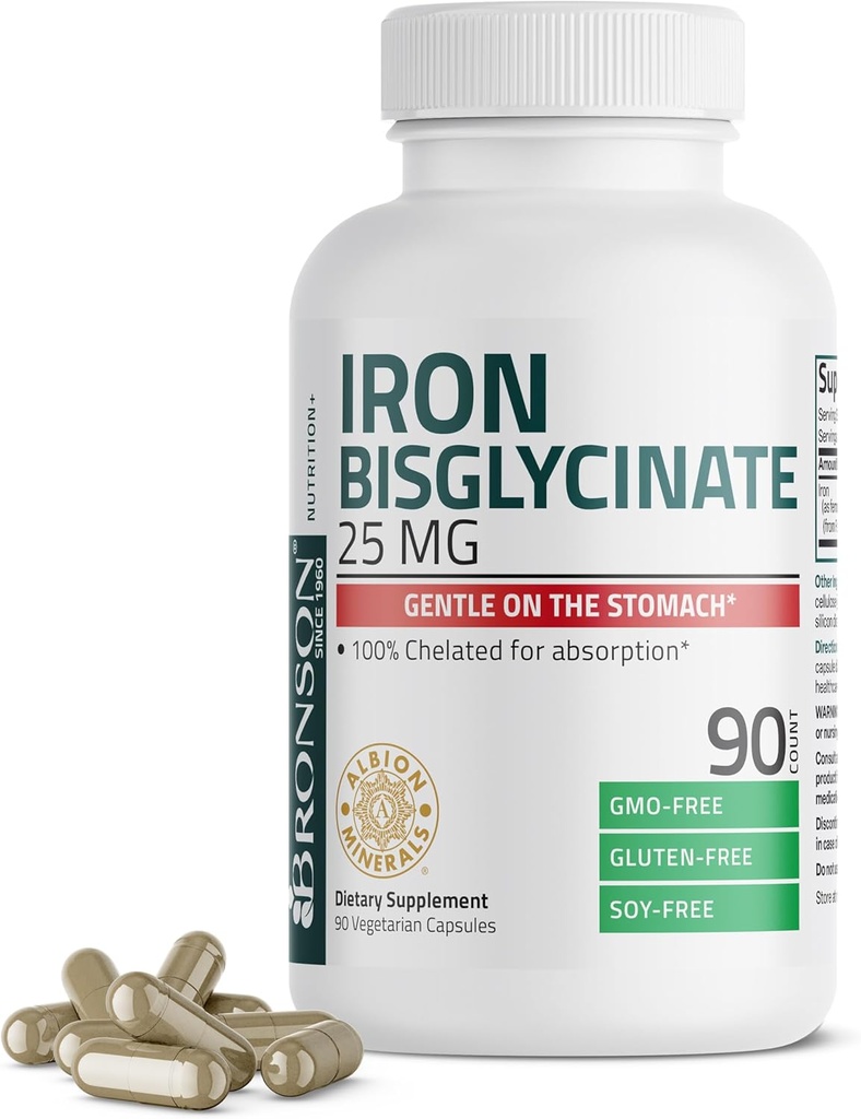 Bronson Demir Bisglycinate 25 mg Stomach, Destekler Enerji ve Sağlıklı Kızıl Kan Hücre Üretimi - Non-Constipating Formula - Non GMO, 90 Vegetarian Capsules