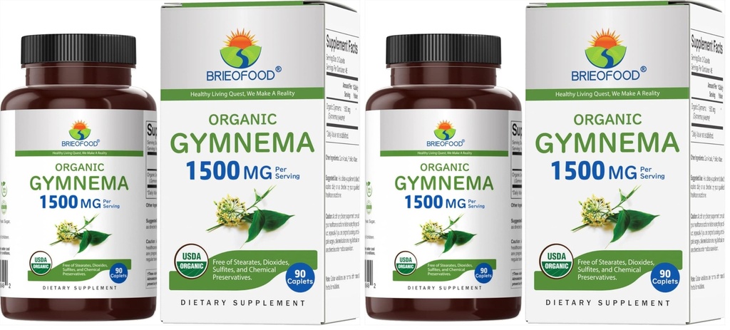 Brieofood Organic Gymnema 1500mg, 45 Servings, Vegetarian, Gluten Free, 90 Vegetarian Tablets (Pack of 2)