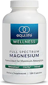 Equilife Full Spectrum Magnezyum Supplement, Magnezyum Glycinate, Citrate, & Malate, Bio available Mineral Mix, Süt, Soy, & Gluten Free, Vegan, GMO, 180 Capsules
