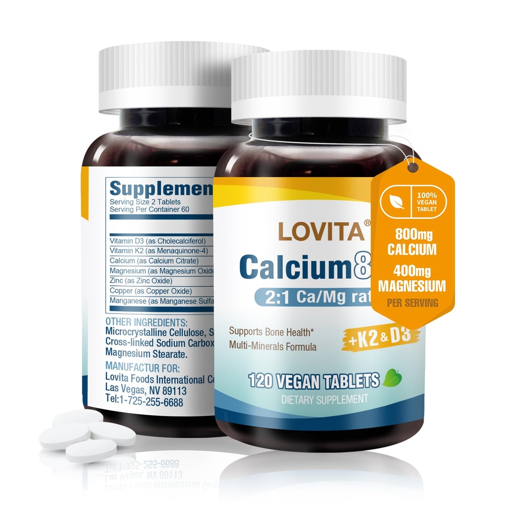 LOVITAdis Citrate 800 mg with, Magnezyum D3 & K2, Kadınlar ve Erkekler için Bone Strength & Influence Supplement, Immune Health, Gluten Free, Non-GMO, 120 Vegan Tabletler
