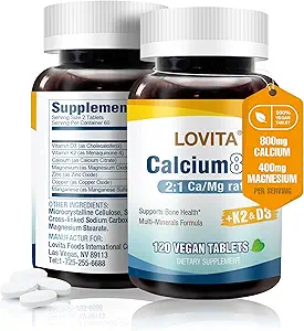 LOVITAdis Citrate 800 mg with, Magnezyum D3 & K2, Kadınlar ve Erkekler için Bone Strength & Influence Supplement, Immune Health, Gluten Free, Non-GMO, 120 Vegan Tabletler