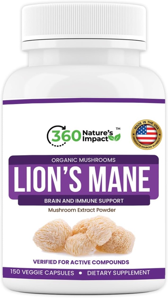 360 Doğanın Etkisi Lions Mane Mushroom Supplement Capsules (150 Capsules) for Brain Health Support Supplement, Organic Supplement with Beta-Glucans & Hypromellose for Cognitive System