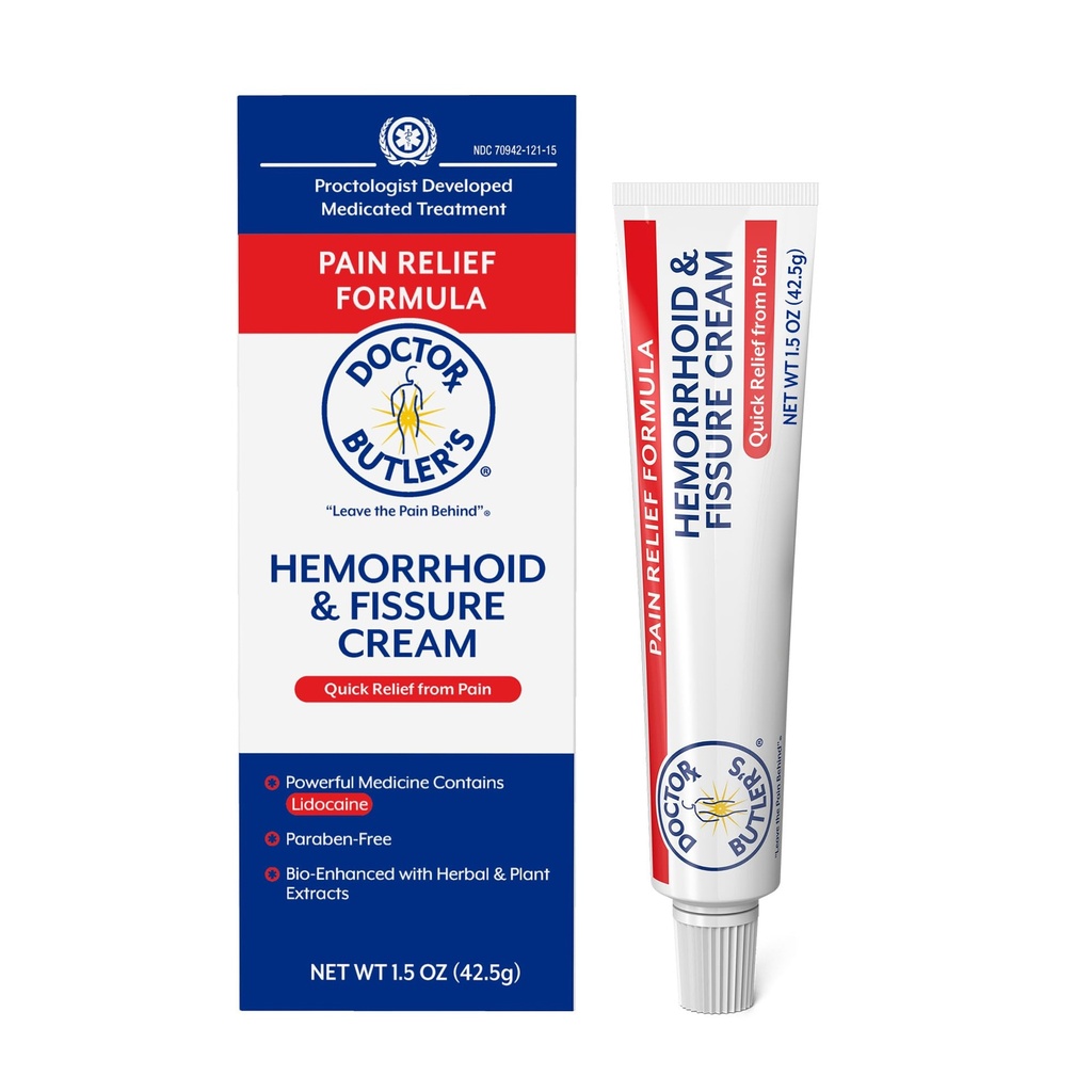 Doctor Butler's Hemorrhoid & Fissure Cream – Instant Pain Relief Hemorrhoid Treatment with Lidocaine, Fast Acting Hemorrhoid Cream for Relief from External Itching and Burning 1.5oz