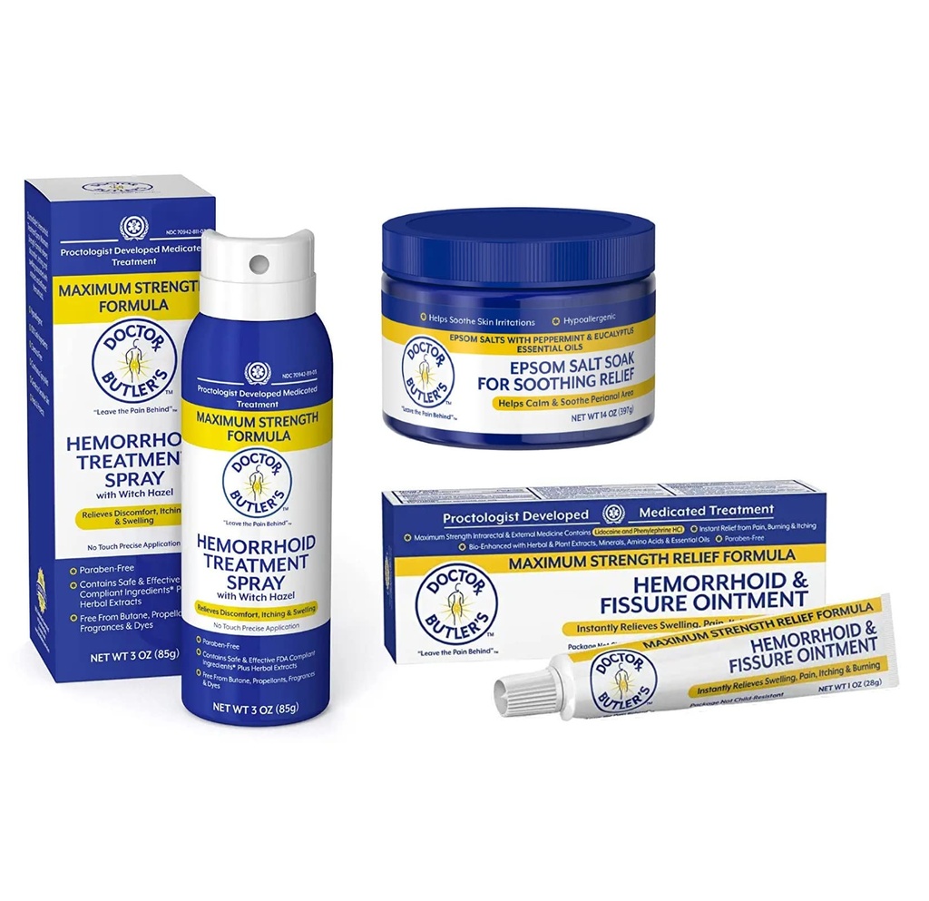 Doctor Butler's Hemorrhoid Treatment Bundle - Includes Hemorrhoid & Fissure Ointment with 4% Lidocaine, Hemorrhoid Spray with Witch Hazel, and Epsom Bath Salts to Help Reduce Irritation