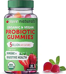 Yuve Vegan USDA Organik Probiyotik Gummies - 5 Milyar CFU - Digestive Health & Immunity - Constipation, Bloating, Detox, Leaky Gut & Gas Relief - Natural, Non-GMO, Gluten-Free 30ct