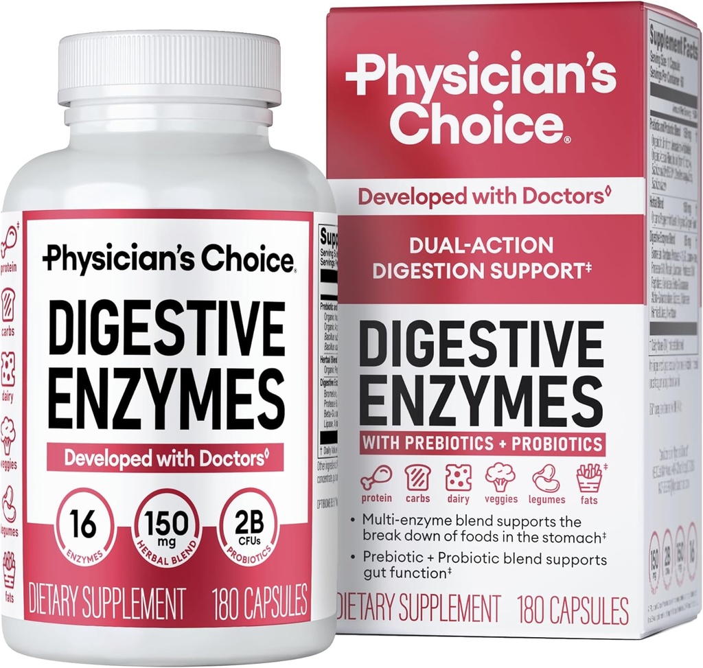 Digestive Enzymes - Multi Enzymes, Organic Prebiotics & Probiotics for Digestive Health & Gut Health - Meal Time Discomfort Relief & Bloating - Dual Action Approach - 180 CT