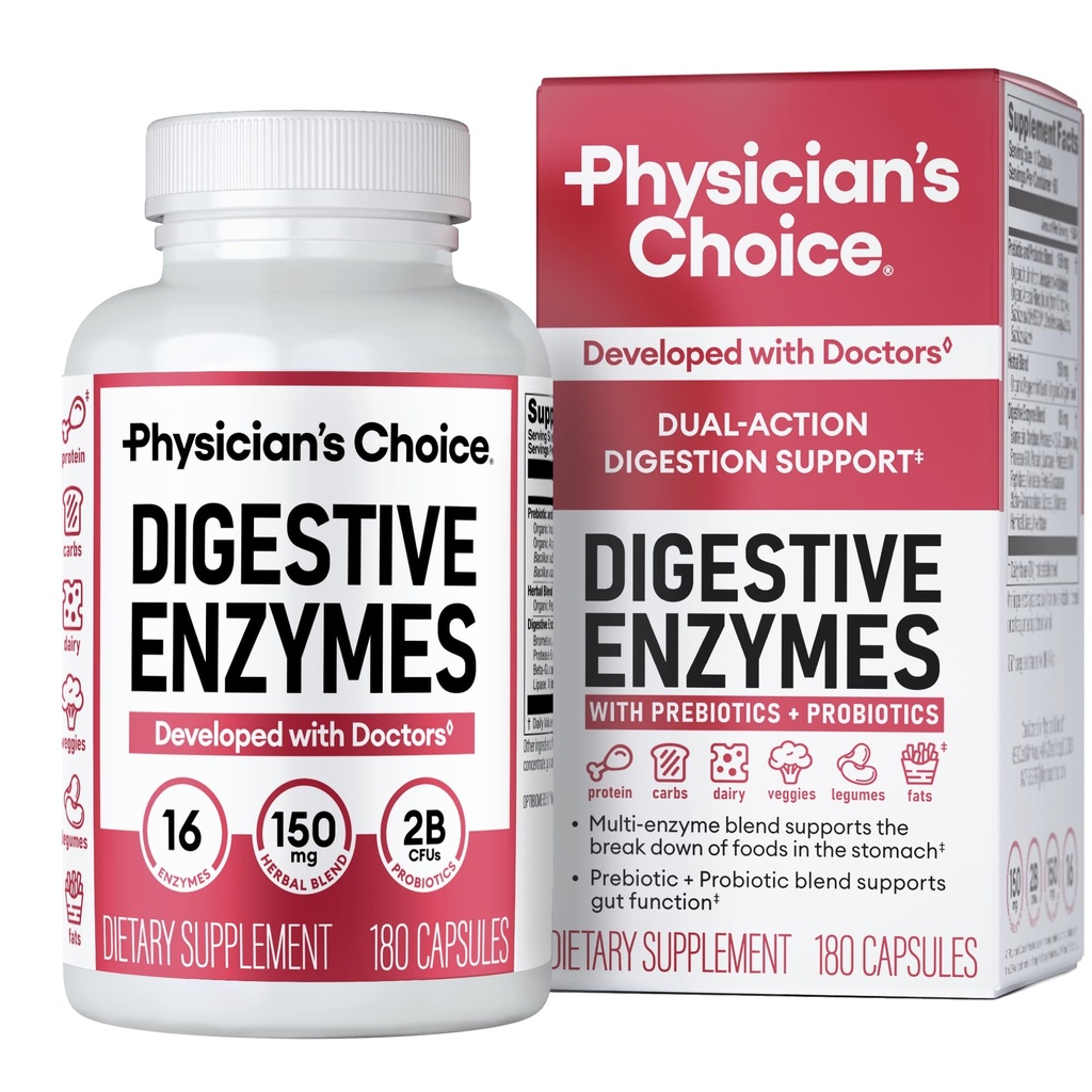 Doktorun CHOICE Digestive Enzymes - Multi Enzymes, Organik Prebiyotikler ve Digestive Health & Gut Health - Meal Time Discomfort Relief & Bloating - Dual Action Approach - 180 CT