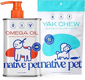 Köpekler için Yerli Pet Omega Oil - Fish Oil Supplements 8 Oz & 5 Köpekler için Küçük Yak Chews | Pasture-Raized ve Organik Yak Peynir Himalaya Churpi